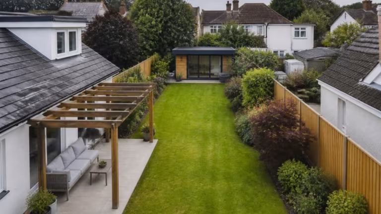 Back garden with a garden room at the end and a pergola by the house