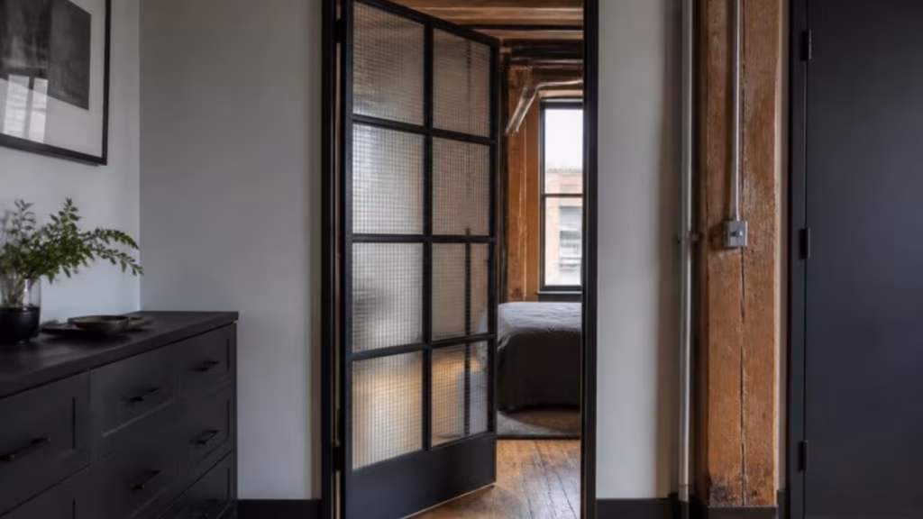 Steel door with Georgian wired glass in a warehouse conversion