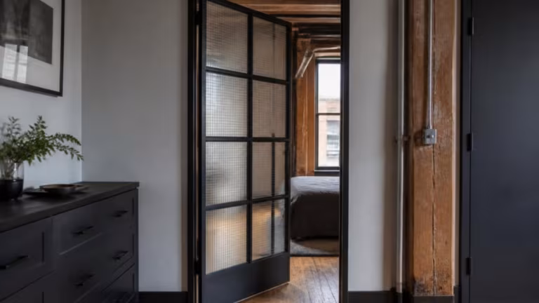 Steel door with Georgian wired glass in a warehouse conversion