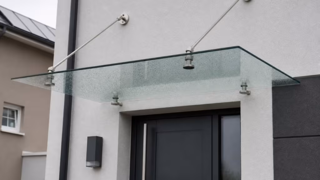 Frameless glass canopy over a front door on steel rods