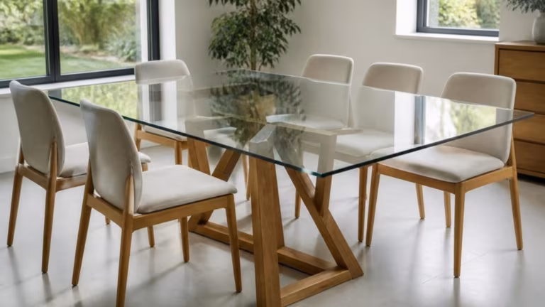Clear glass table top with polished edges on an oak dining table