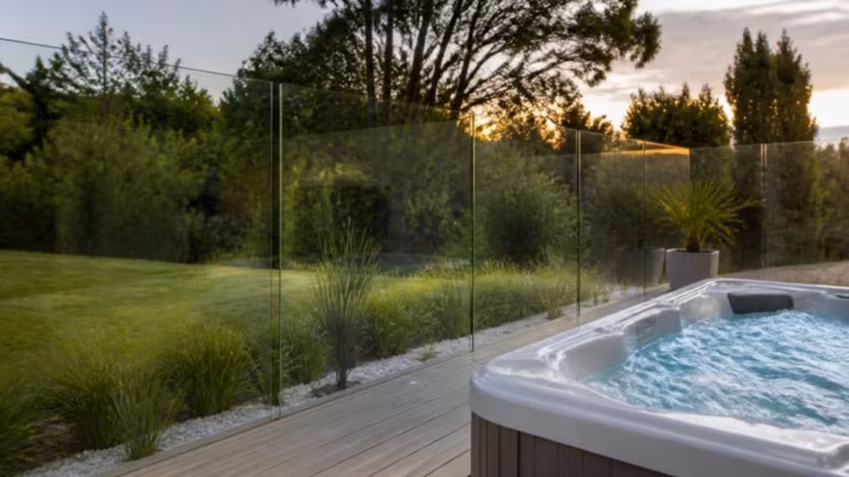 Frameless glass fence around a hot tub on a deck