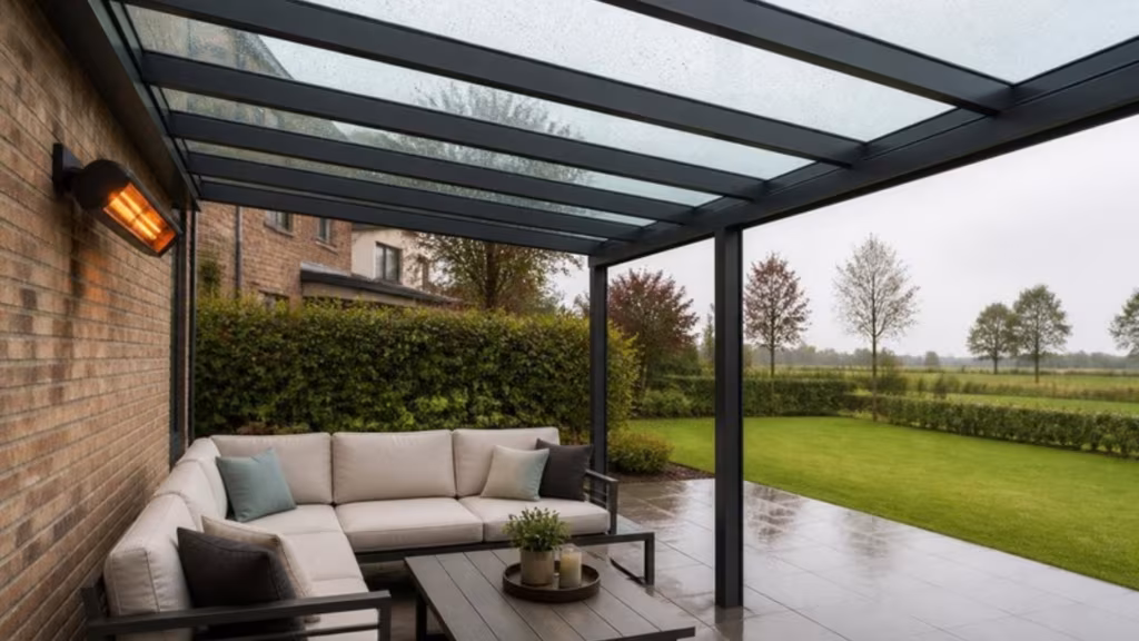 Glass roof pergola in the rain with a sofa and heater underneath
