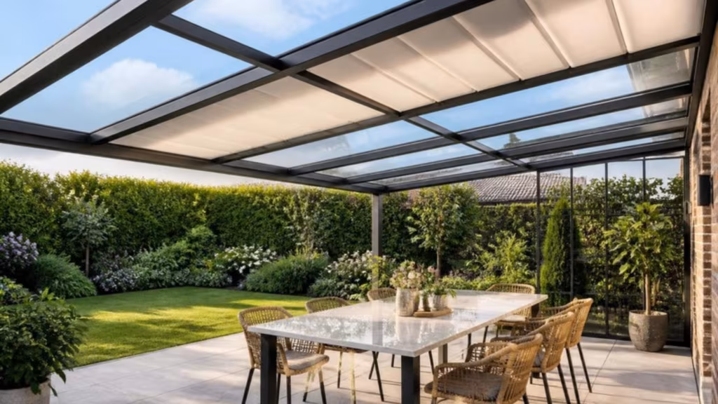 Glass roof pergola with shade blinds partly drawn underneath