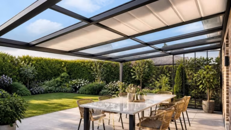 Glass roof pergola with shade blinds partly drawn underneath