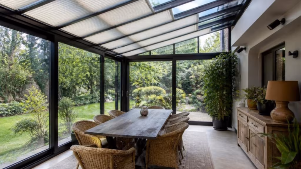 Glass room used as a dining room with roof blinds and plants