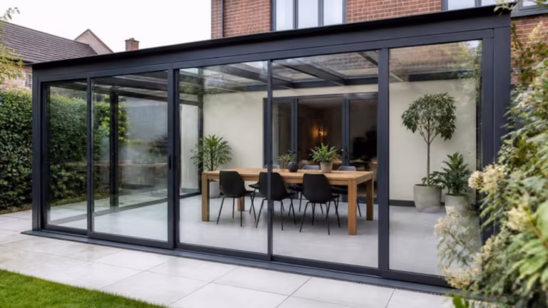 Glass room with a glass roof and aluminium frames attached to a house