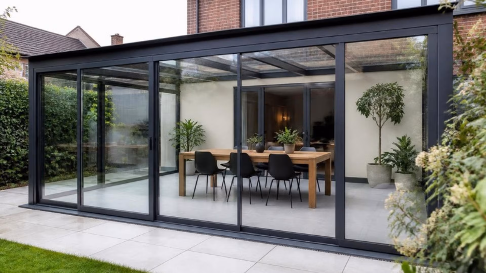 Glass room with a glass roof and aluminium frames attached to a house