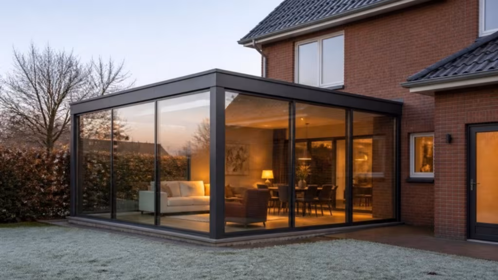 Glass room on a red-brick house in winter with warm light inside