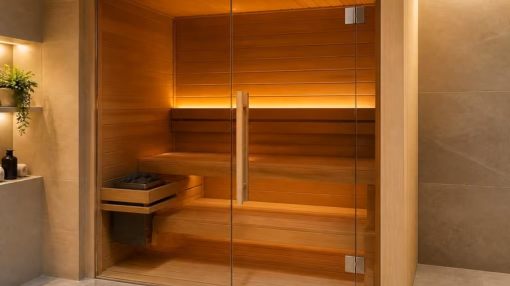 Frameless clear glass door on a timber home sauna