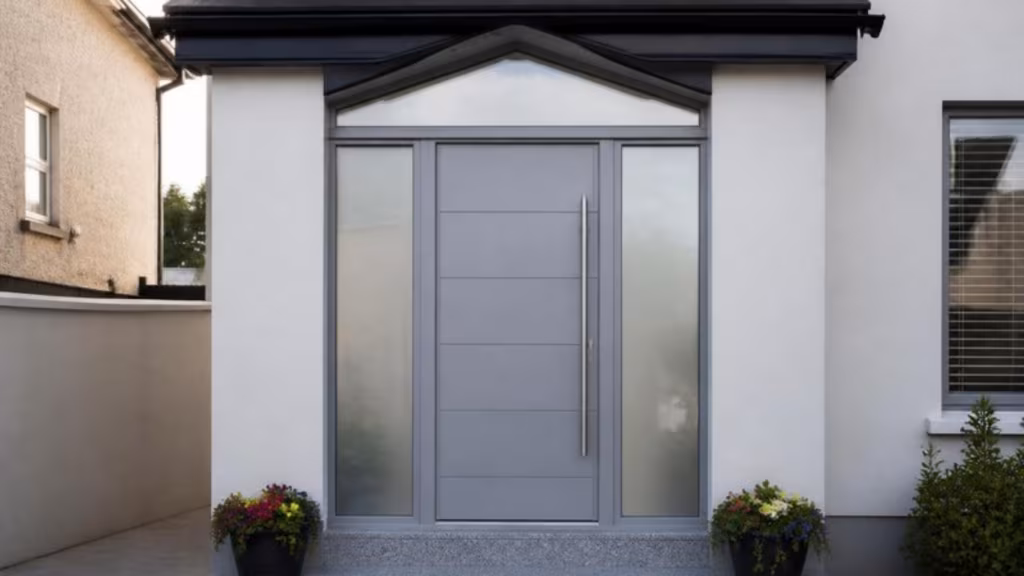Grey aluminium front door with frosted sidelights on a rendered house