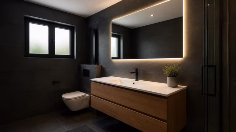 Backlit LED mirror above a floating vanity in a dark-tiled bathroom