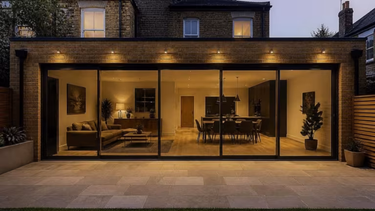 Rear extension at dusk with wide aluminium lift and slide doors