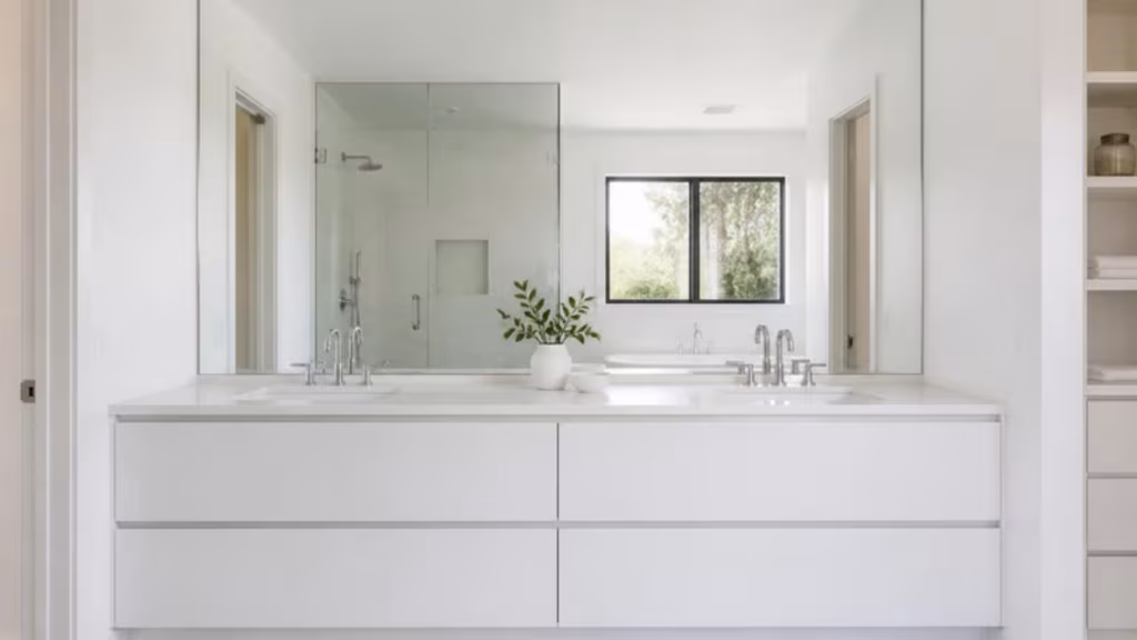 Large frameless mirror in a bright white bathroom