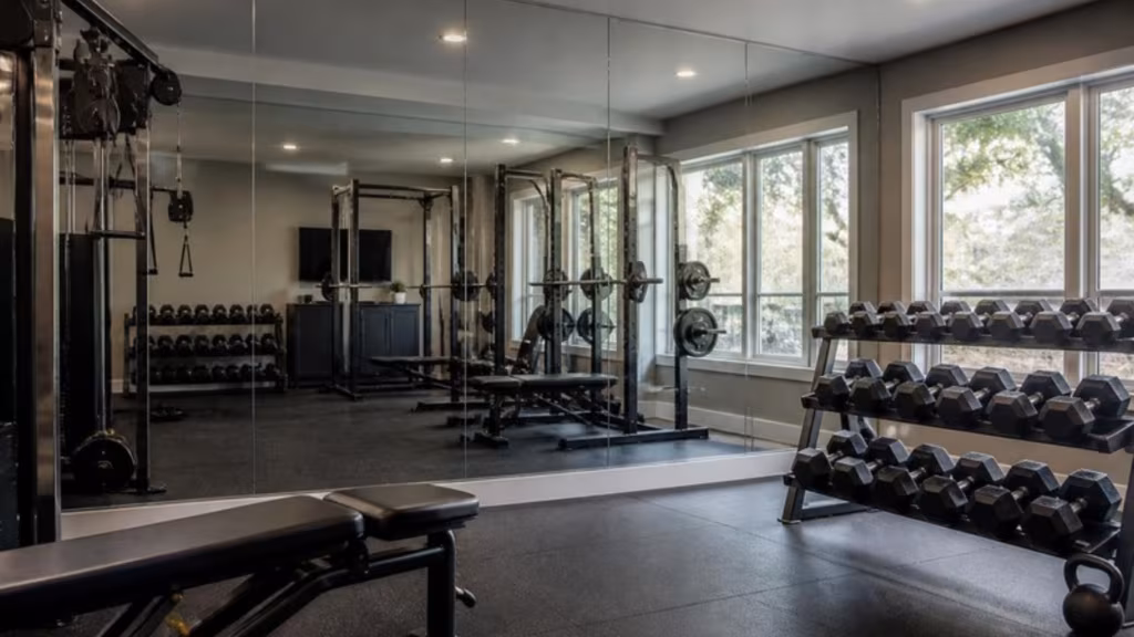 Home gym with a wall clad in large mirror panels