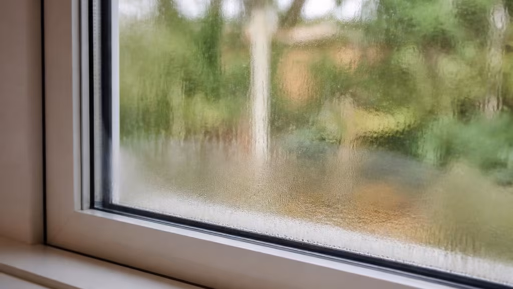 Misted double glazed unit with condensation between the panes