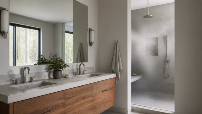 Large frameless mirror above a double vanity in a steamy bathroom