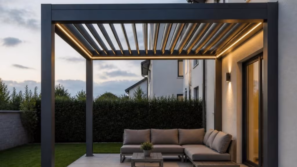 Motorised louvred pergola with LED lighting over a patio sofa at dusk