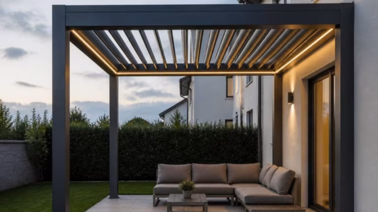 Motorised louvred pergola with LED lighting over a patio sofa at dusk