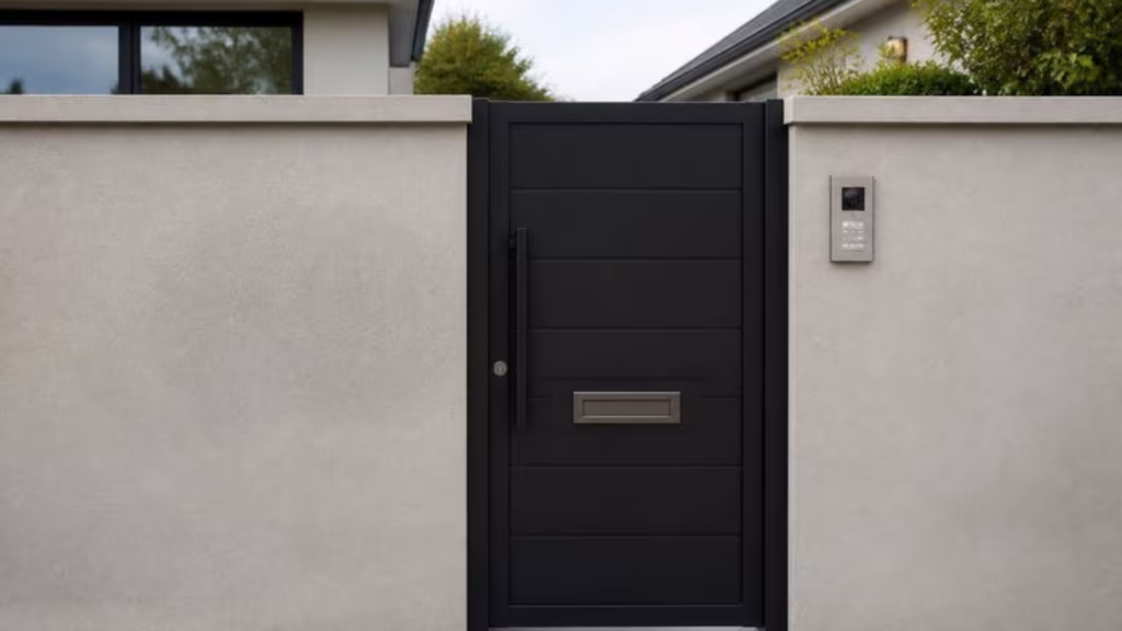 Black pedestrian gate with letterbox and video intercom in a front wall