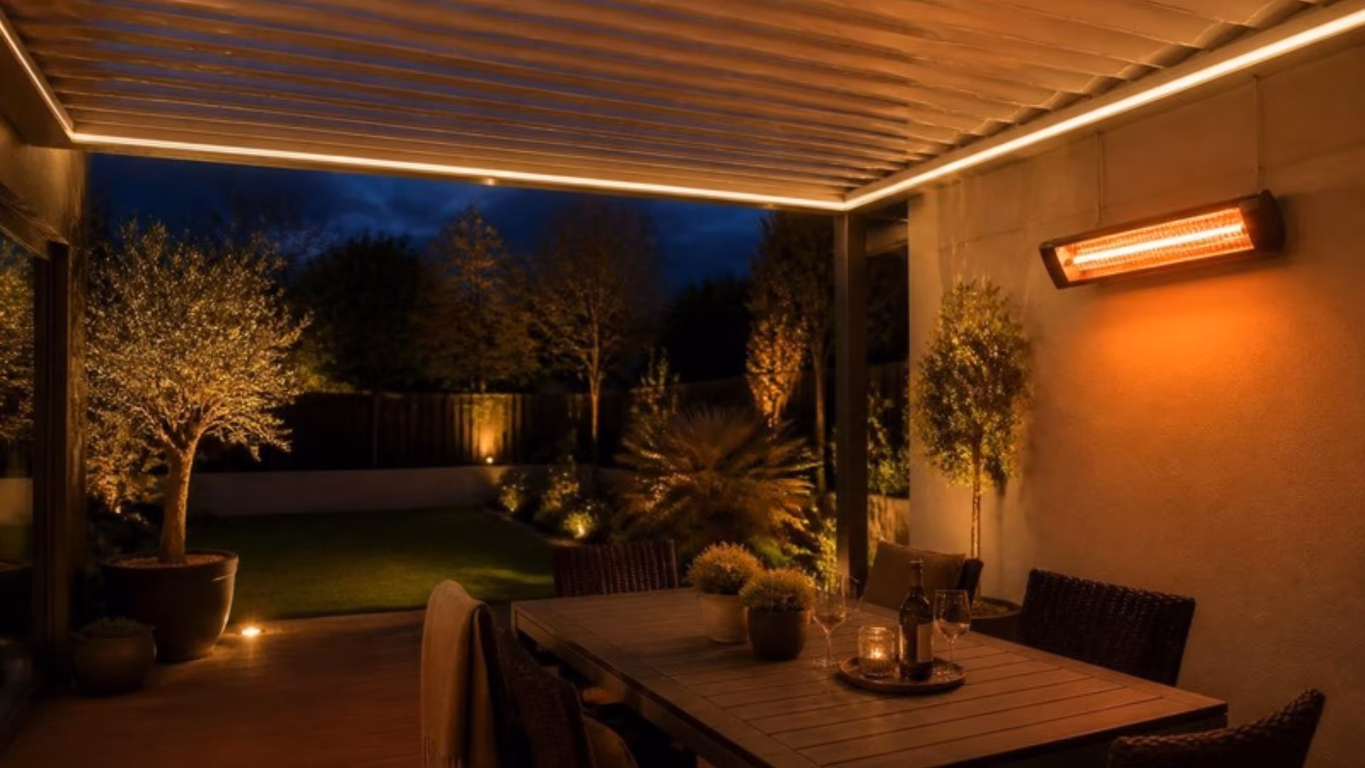 Louvred pergola at dusk with LED lighting and an infrared heater
