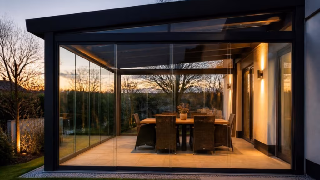 Pergola enclosed with sliding glass panels used as a winter dining room