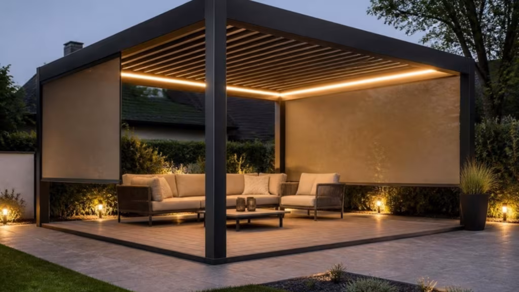 Louvred pergola with zip screens lowered on two sides