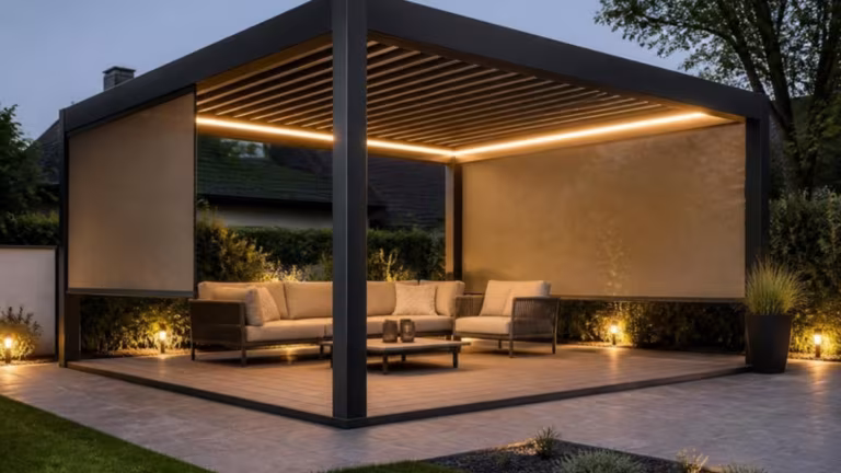Louvred pergola with zip screens lowered on two sides
