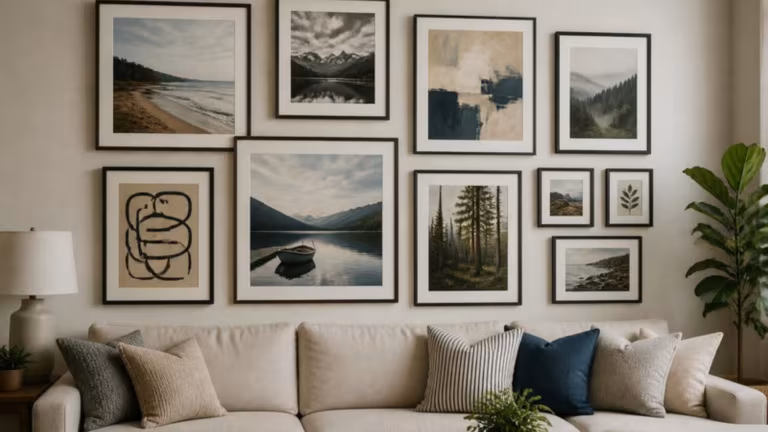 Gallery wall of framed prints behind clear picture glass