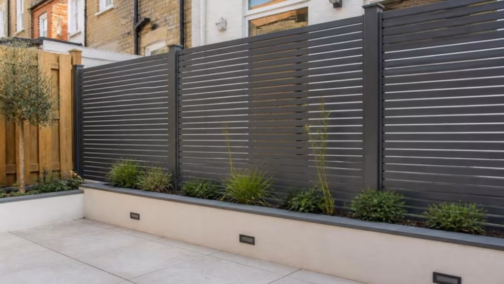 Slatted aluminium privacy screen between two terraced gardens