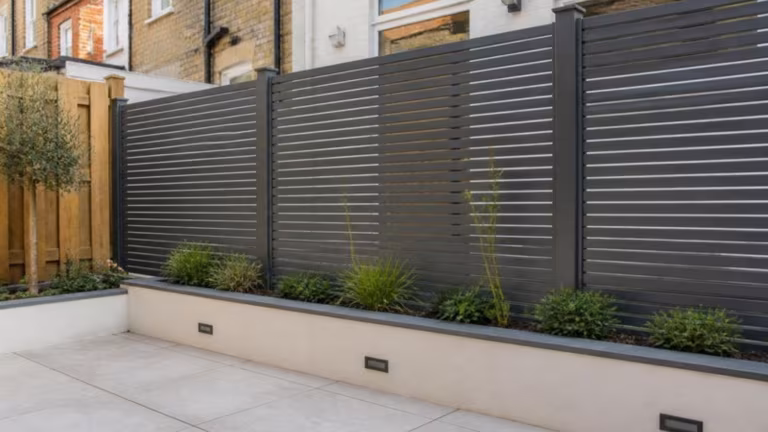 Slatted aluminium privacy screen between two terraced gardens