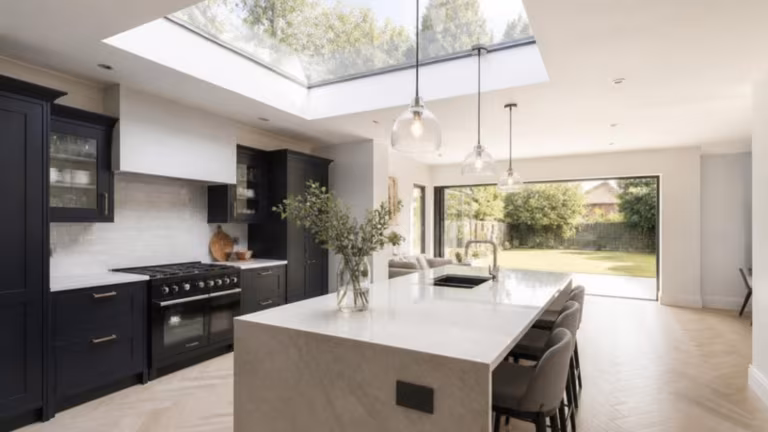 Flat rooflight above a kitchen island in a single-storey extension