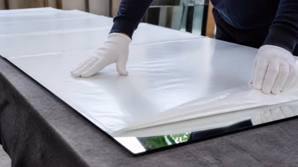 Safety backing film being applied to the back of a mirror