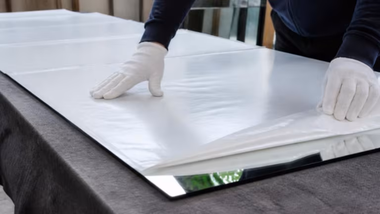 Safety backing film being applied to the back of a mirror