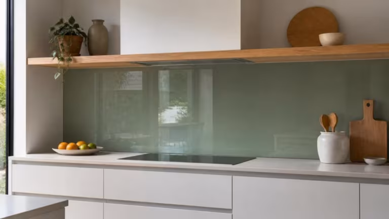 Sage-green glass splashback behind a hob in a white kitchen