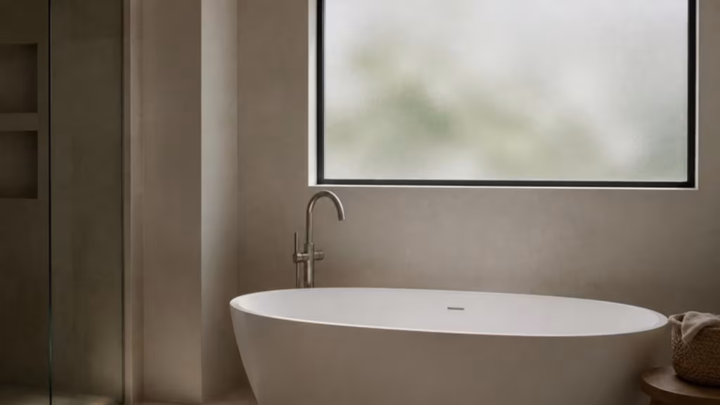 Bathroom window with satin frosted glass above a freestanding bath