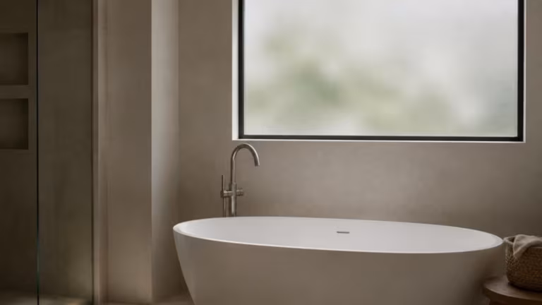 Bathroom window with satin frosted glass above a freestanding bath