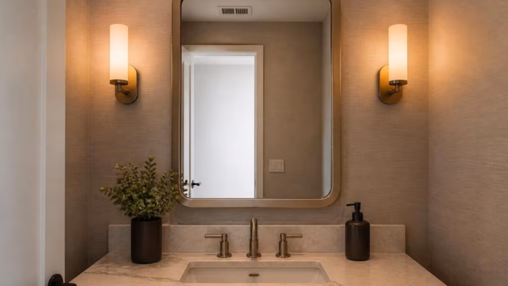 Mirror with a satin-finish border in a powder room