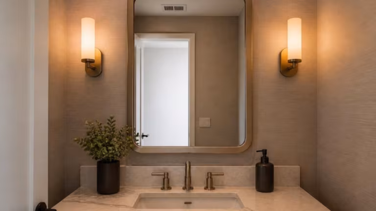 Mirror with a satin-finish border in a powder room