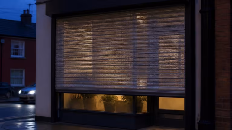 Perforated security shutter half lowered over a shopfront at dusk