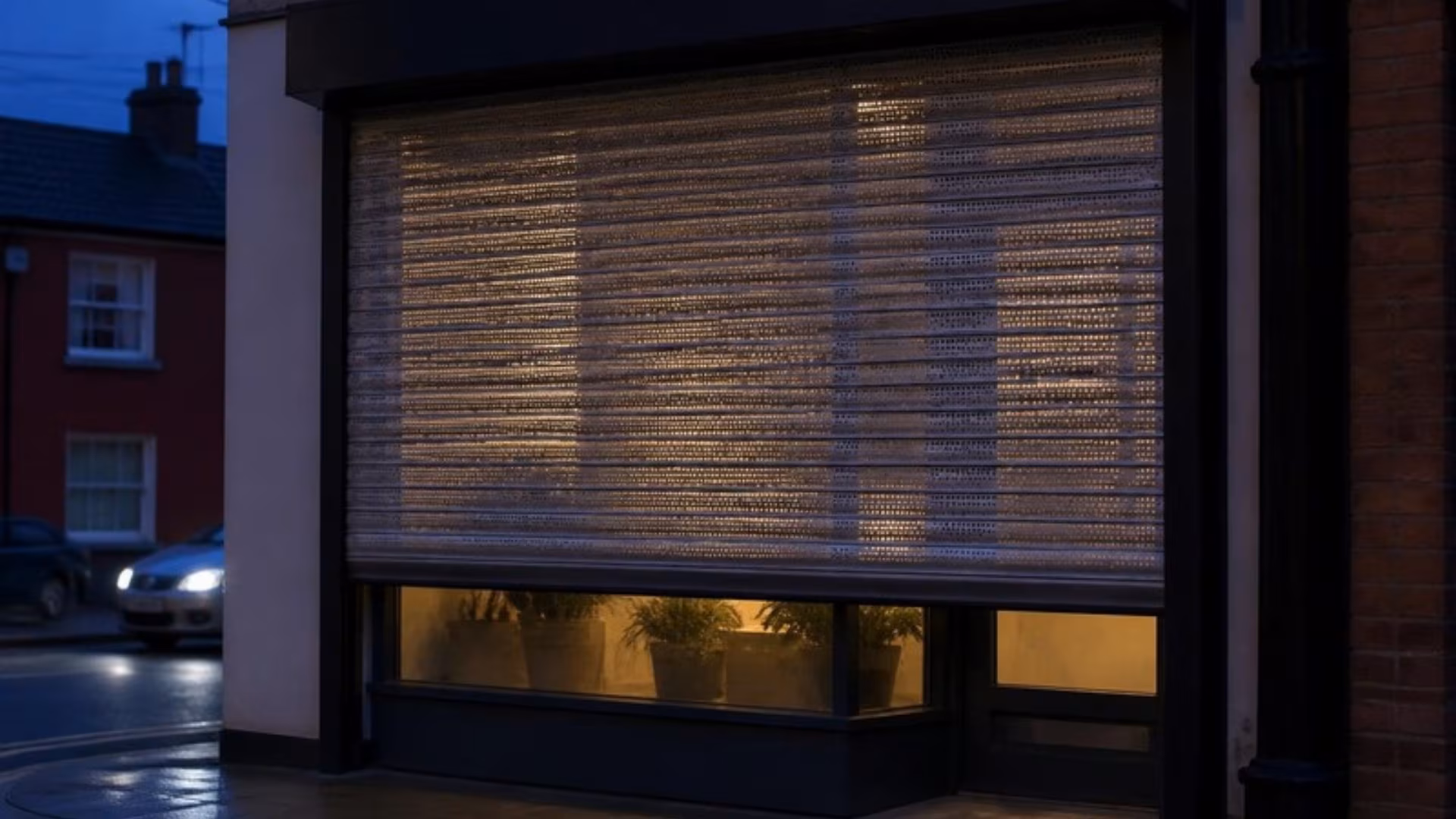Perforated security shutter half lowered over a shopfront at dusk