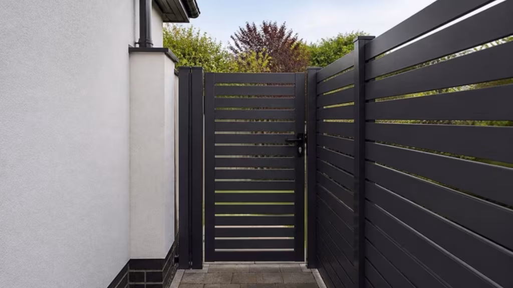 Slatted aluminium side gate matching the fence beside a house