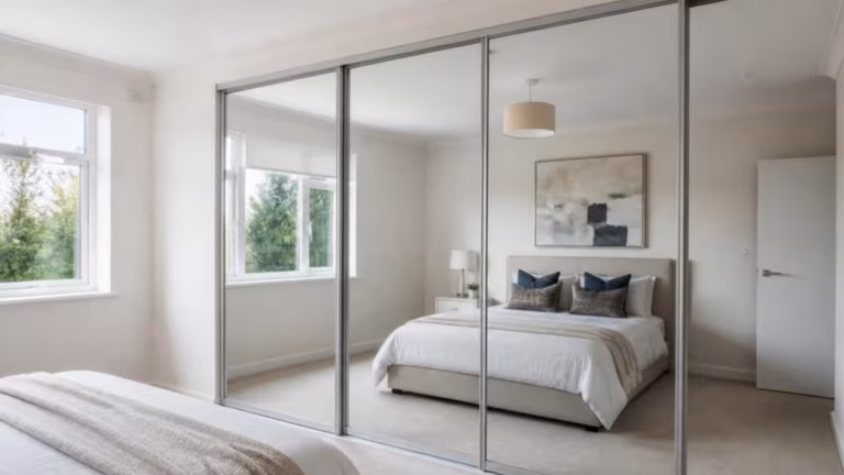 Full-height silver mirror wardrobe doors in a bedroom
