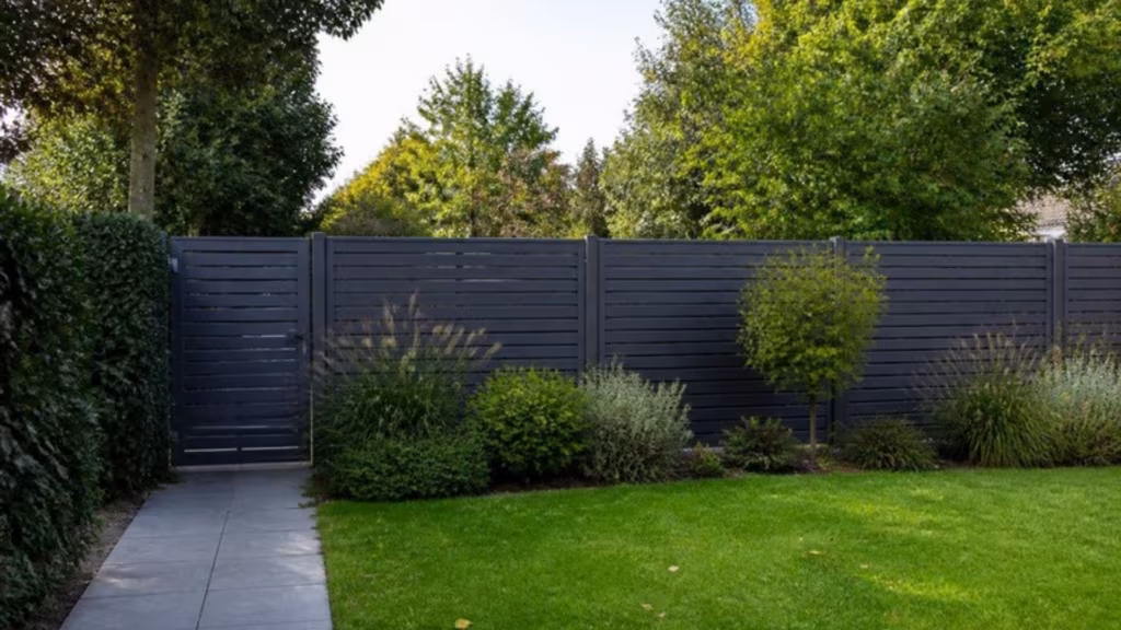 Horizontal slatted aluminium fence with a matching gate around a garden