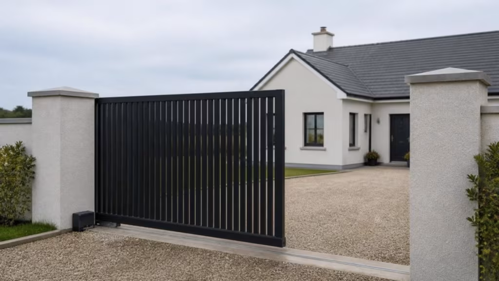Black slatted electric sliding gate partly open at a driveway entrance