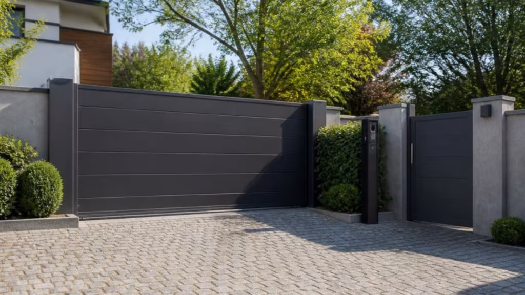 Electric sliding gate with a matching pedestrian gate and keypad