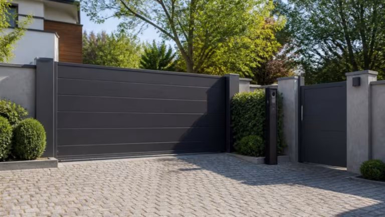 Electric sliding gate with a matching pedestrian gate and keypad