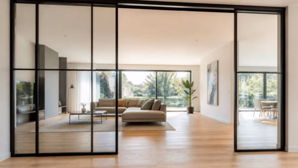 Black-framed sliding glass partition doors, one panel open