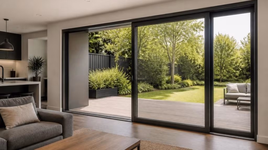 Three-panel aluminium sliding patio door opening onto a deck