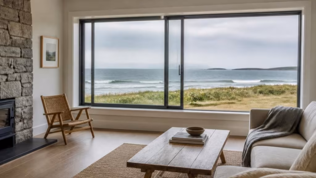 Wide aluminium sliding window with a sea view, one panel open